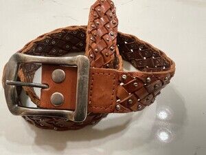 Bed Stu Anthropologie Studded Woven Brown Leather 2” Wd Bohemian Belt Sz M / 36